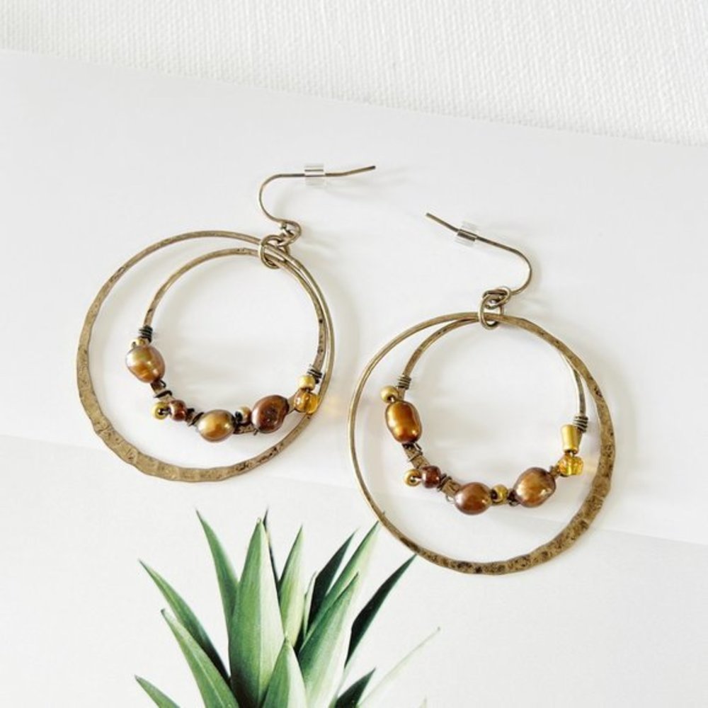 4/$25 Pearl Bead Wrapped Double Hoop Drop Earrings